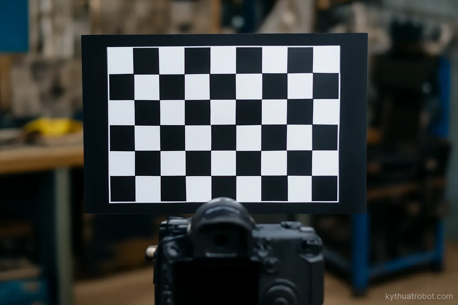 Bảng ô cờ đặt trước camera trong xưởng