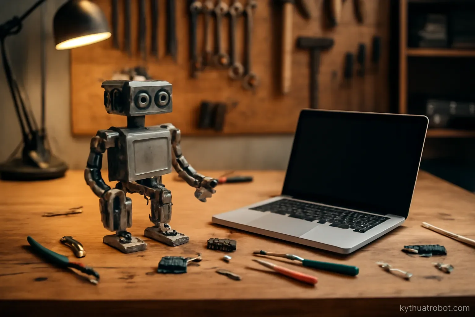 Bàn làm việc với dự án robot và máy tính