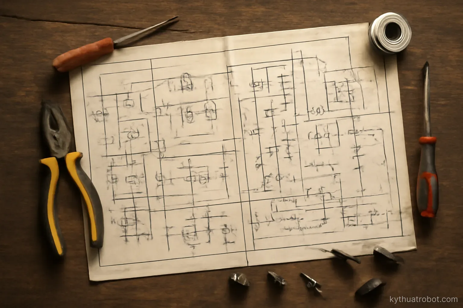 Bản vẽ sơ đồ điện trải trên bàn